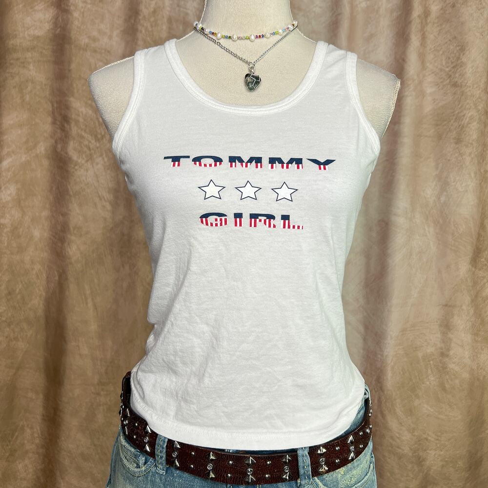 Vintage Y2K Tommy Girl Tank Top Baby Tee White Sleeveless Stars America USA